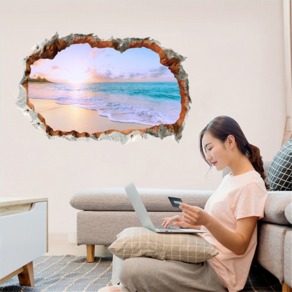 Zomer Strand Romantische 3D Window View Sticker Strand Muurschilderingen Verwijderbare Muursticker Voor Woonkamer Keuken Muur Poster