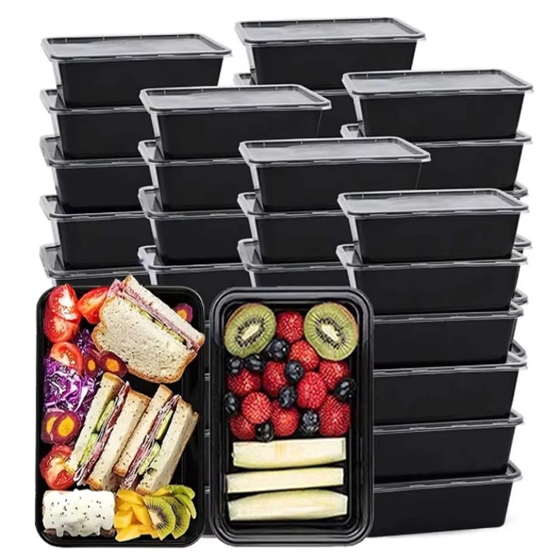 Caja de comida negra para ensalada de frutas, caja de comida para cocina, preparación de comida para llevar, almacenamiento de nevera Bento, contenedores de alimentos a prueba de fugas, 10/20 piezas