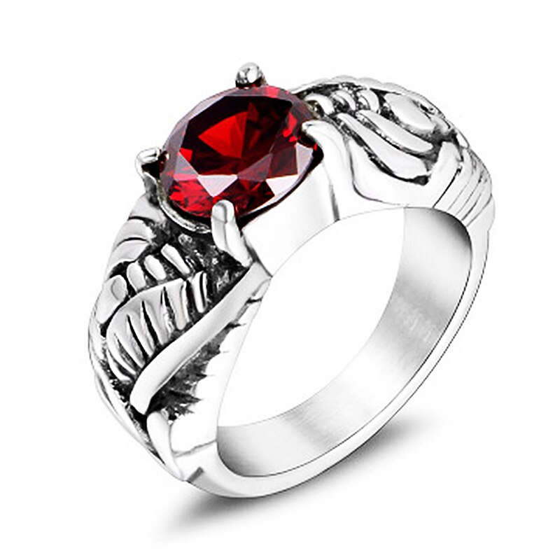 Classic Stainless Steel Red Stone Ring Vintage Silver Color Sculpture Pattern Rings for Women Men Punk Style Jewelry