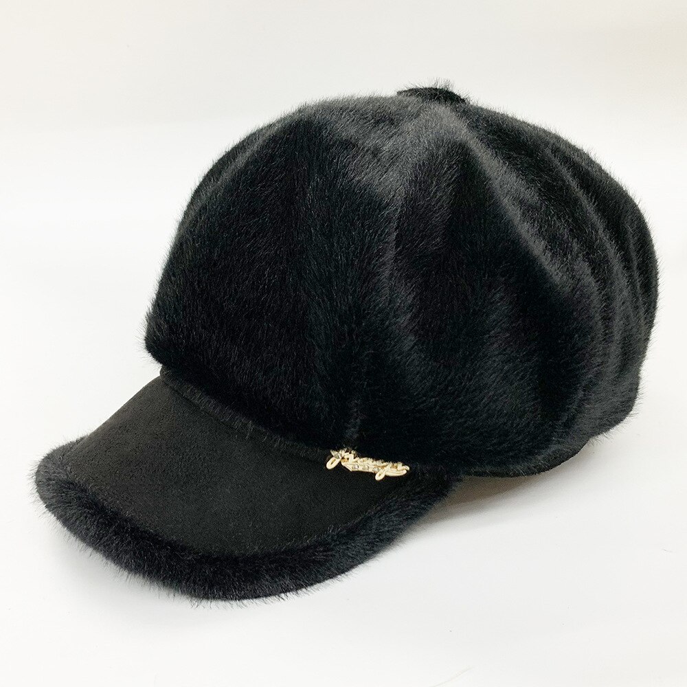 Hatte til kvinder imiteret pels plys tyknet varm ottekantet hat efterår vinter koreansk hat afslappet newsboy hætter: Sort