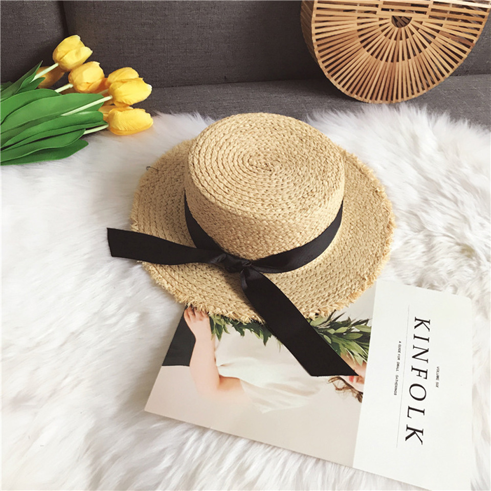 Kvinnor sommar strand raffia solhatt med band rosett raffiahatt temperament platta stråhattar dam båtägare solhatt raffia solhatt: F0093-1