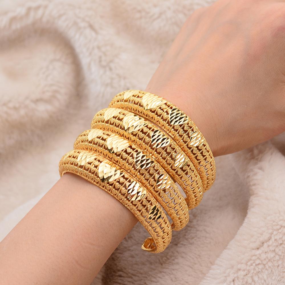 Annayoyo 4pcs India Ethiopian Bracelet Bangles For Women Arab Ethiopian Africa Dubai Gold Color Bangle Jewelry for women