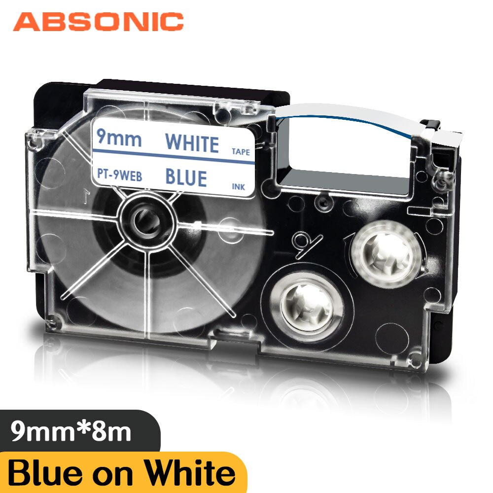 Absonic XR-9AGN biały na zielonym 9mm etykietowania taśma do obsługi Casio KL-60 KL-120 KL-130 KL750 KL780 KL820 KL-750KR KL-750B KL-750BA druku: Blue on White