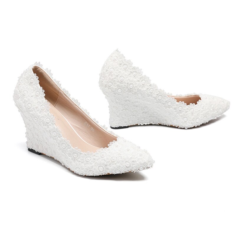 Dress Women Pumps Wedges High Heels Party Shoes Women Nightclub Lace Slip On 8CM Pointed Toe Office &amp; Career Wedding Flower