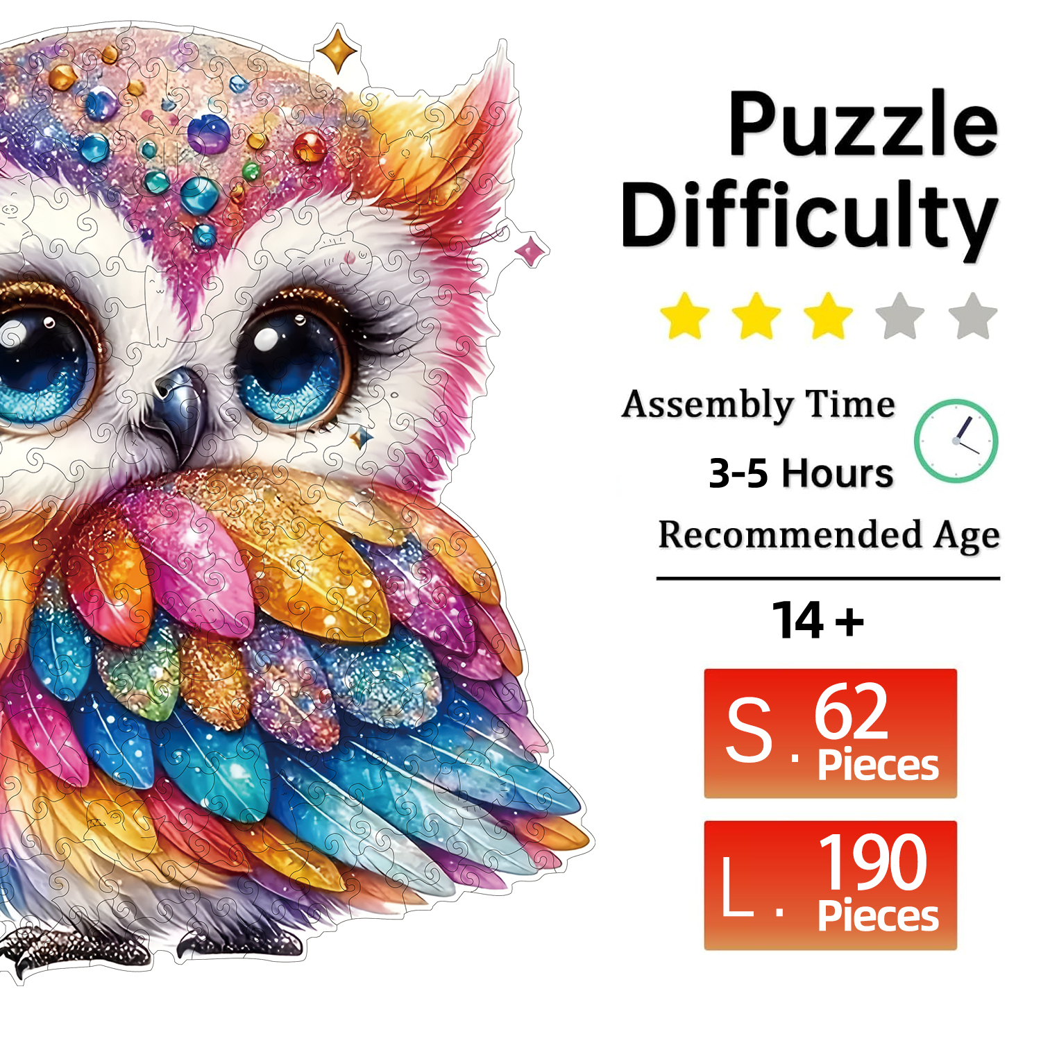 Rainbow gemstone owl wooden puzzle for adults, magic puzzle toy with high difficulty level, christmas gifts for birthday holidays