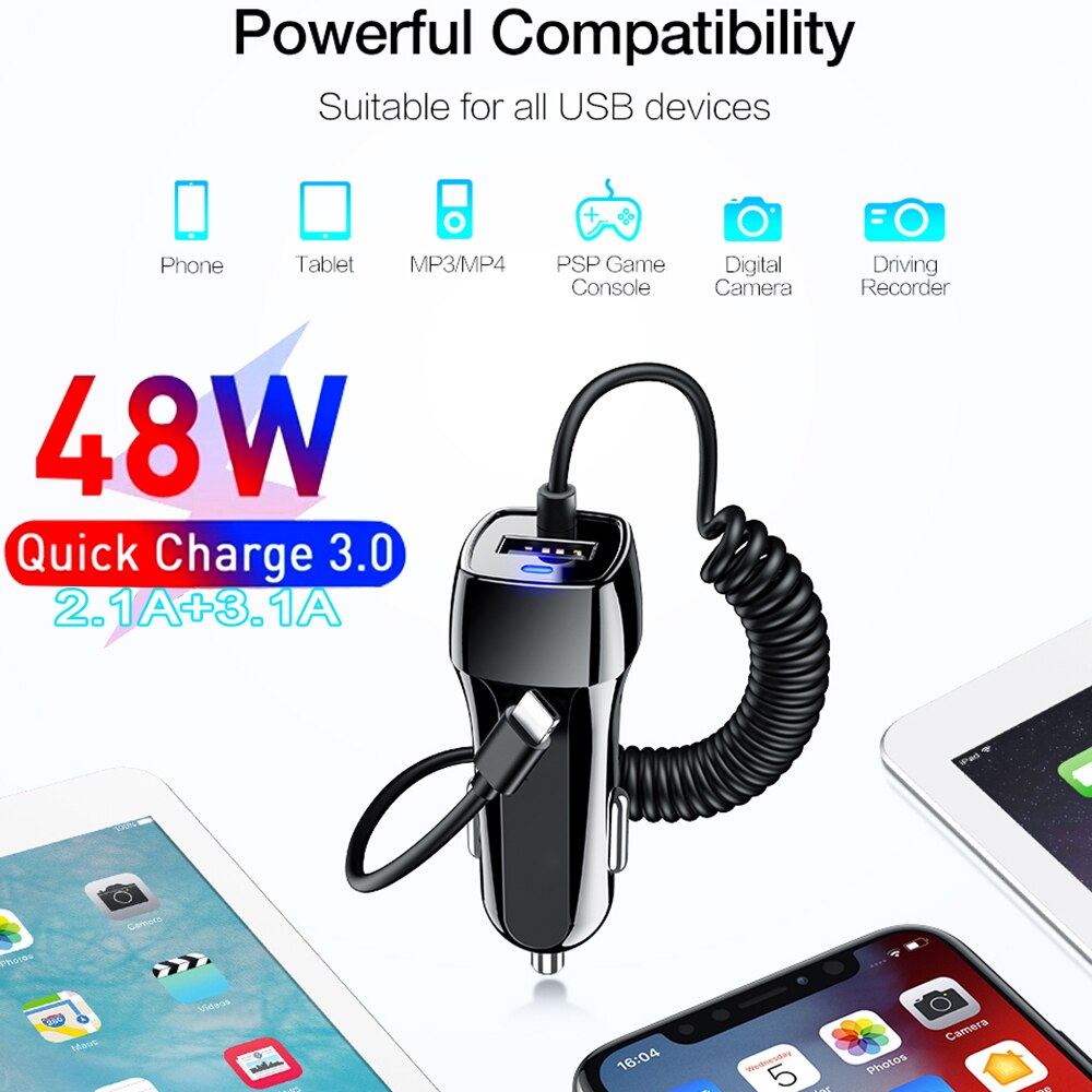 48W Usb Snelle Autolader Stretch Kabel Adapter Voor IPhone13 12 11 Pro Max Samsung Galaxy Note20 Android Type-C Auto-oplader