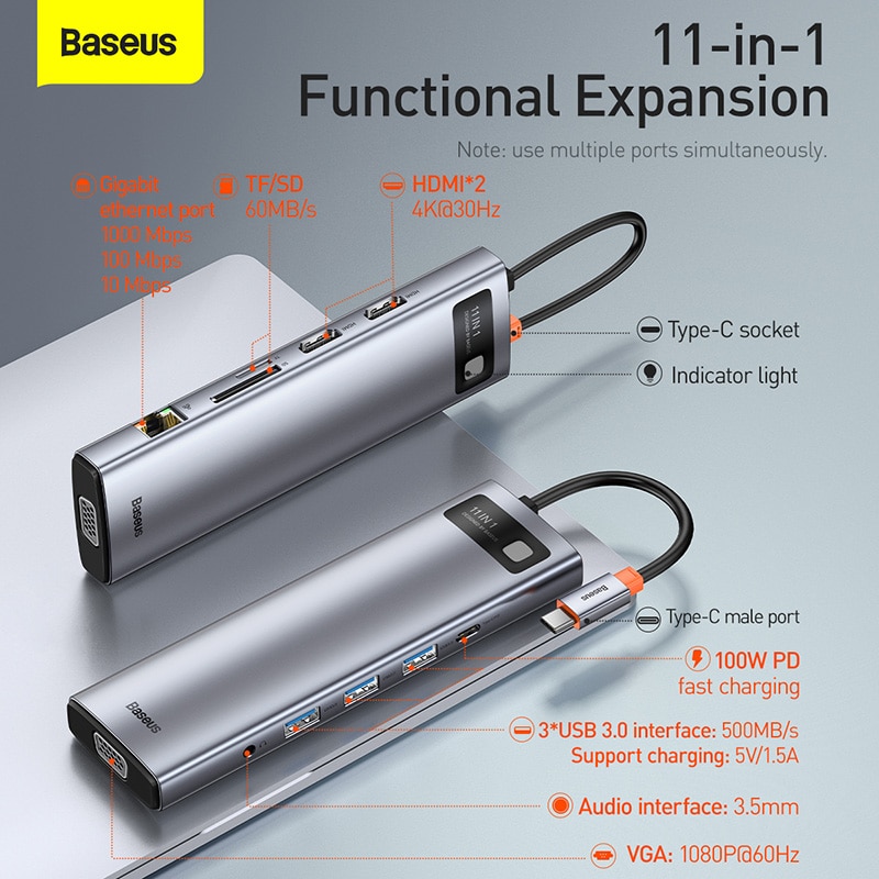 Baseus – HUB USB 3.0 Type C vers HDMI, adaptateur de lecteur SD RJ45, séparateur HUB USB-C 8 en 1 pour MacBook Pro Air et ordinateur portable