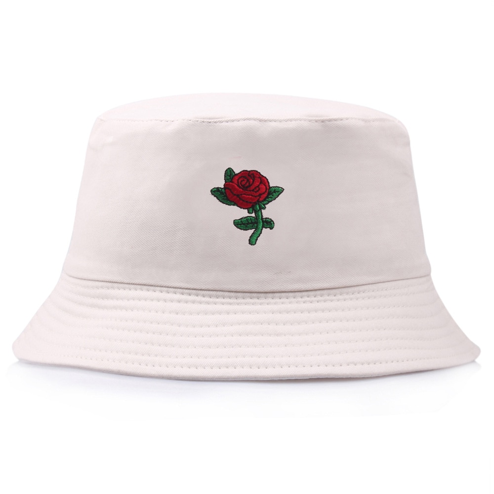 Harajuku rose blomst fisker hat kvinder sommer spand hat bob kvinder mænd rose broderi fisker cap: Beige