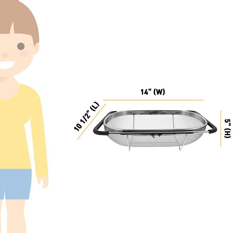 Gootsteen vergiet zeef mand roestvrij staal, voor keuken gootsteen met rubberen grip, fijnmazig roestvrij staal, uitschuifbare metalen zeef