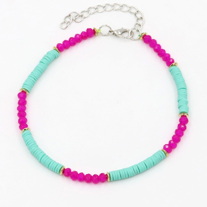 Bracelets de cheville pour femmes, bijoux bohèmes, réglables, colorés, en argile polymère, perles de cristal, chaîne de cheville pour la plage, pieds nus: D1803e