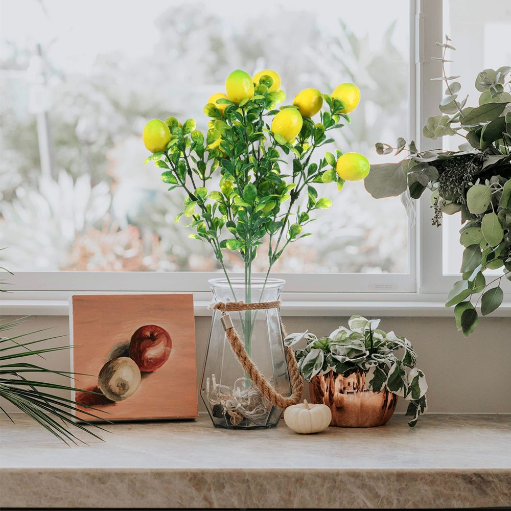 A Bunch Artificial Lemon Branch with Green Leaves Artificial Fruit Lemon Tree Bonsai Greenery Decoration for Home or Table
