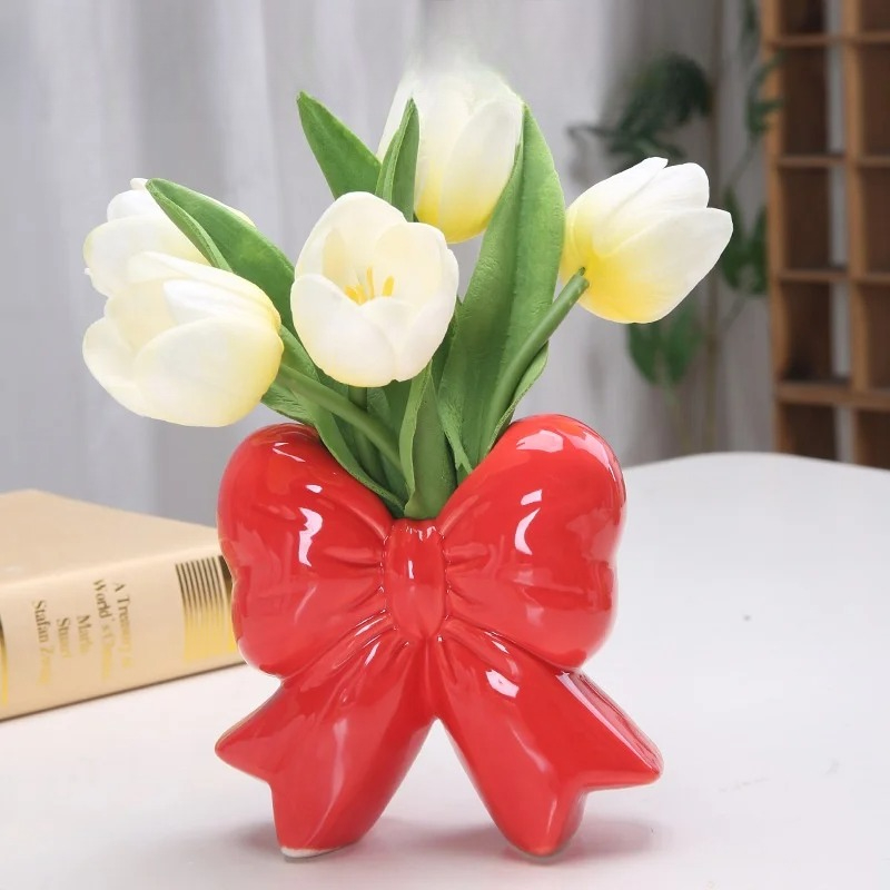 Florero de cerámica con lazo, maceta de cerámica hecha a mano para plantas, arreglo Floral, artesanías de exhibición, decoración de oficina, accesorios para el hogar: Rojo
