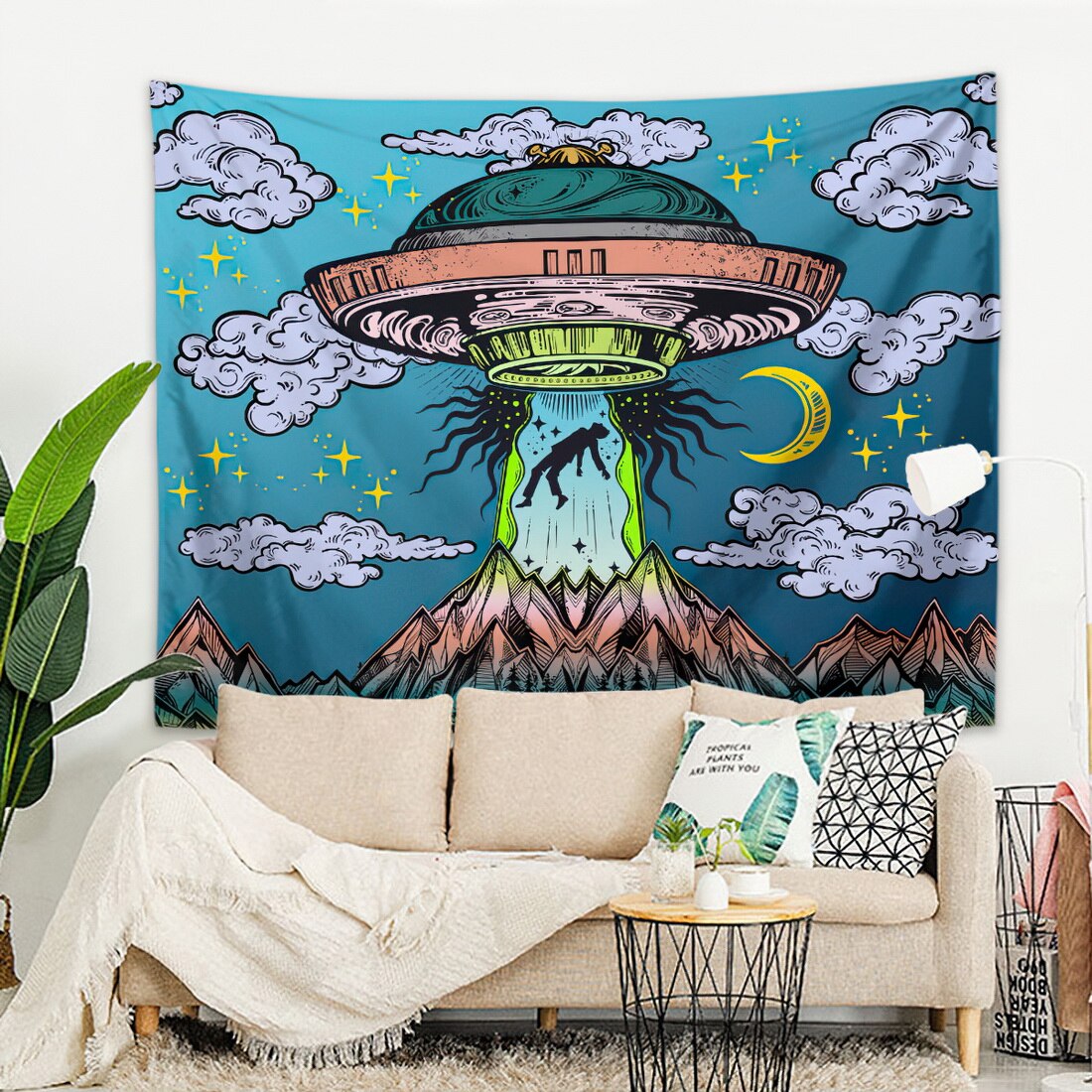 UFO Tapestry Wall Hanging Psychedelic Alien Hippie Decor Tapestries for Home Dorm Fantasy Decor
