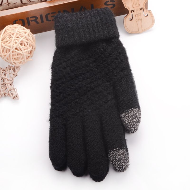 Gloves Men Winter Thicker Printed Simple All-match Soft Trendy Warm Knitting Gloves Mens Touchscreen Outdoor Mitten: black