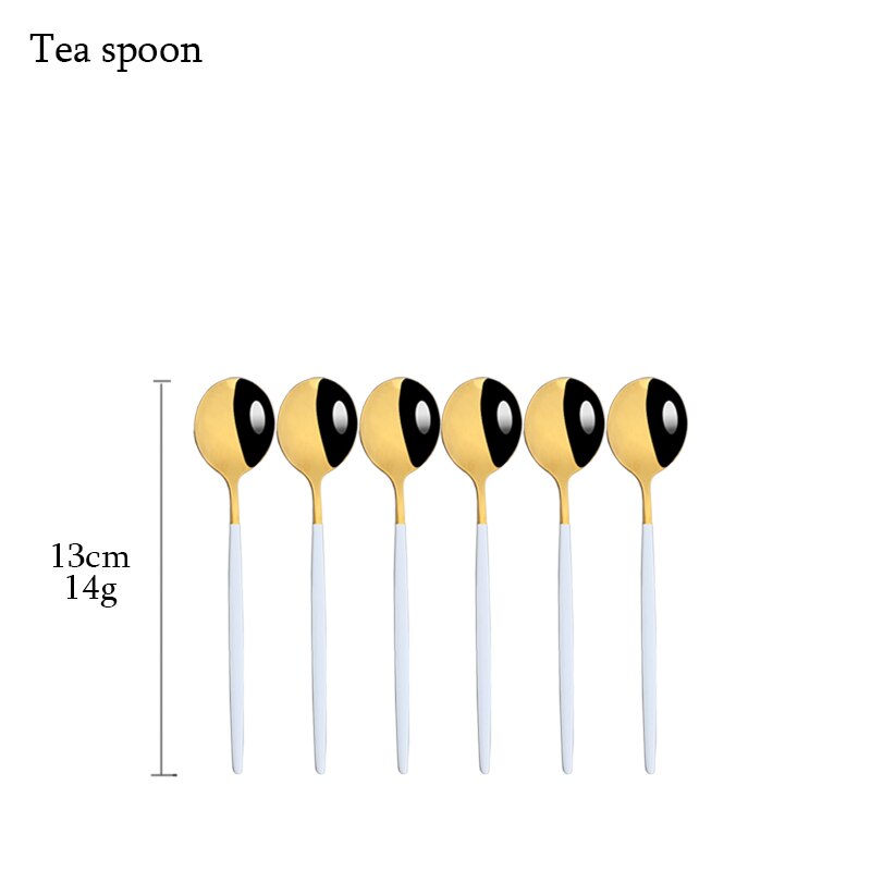 6Pcs White Gold Cutlery Set Stainless Steel Dinnerware Set Spoons Tableware Forks Cutlery Flatware Set Knives Spoons Mirror: Tea spoon