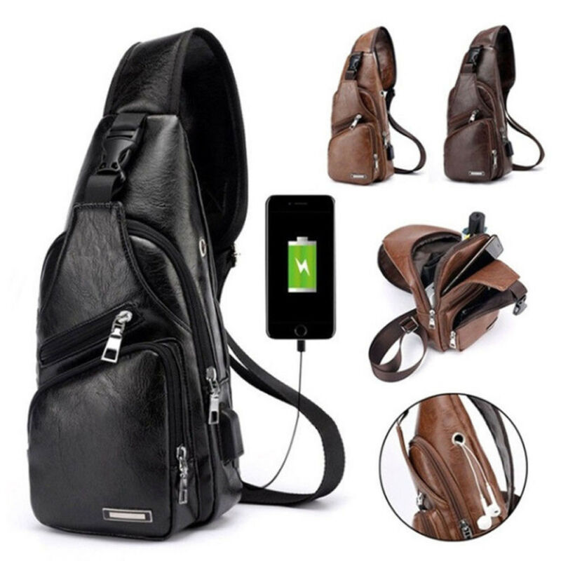 Brand Men PU Leather Sling Pack Chest Bag Crossbody One Shoulder Backpack Biker Satchel Brown Black Bag
