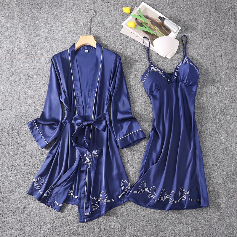 Conjunto de Bata de rayón con lazo bordado y cuello en V para mujer, camisón Sexy con tirantes, ropa de dormir para el hogar, verano, 2 uds.