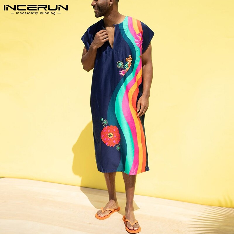 INCERUN-Vestidos largos de para hombre, ropa de dormir sin mangas, camisón largo estampado, S-5XL