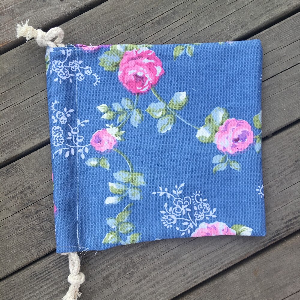 Cotton Canvas Drawstring Organized Pouch Party Bag Rose Flower Blue Base YILE9318c