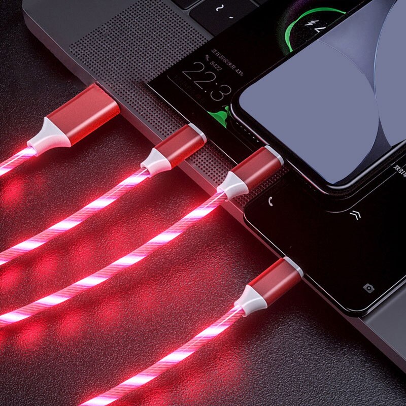 3 In 1 Glow Vloeiende Charger Cable Micro Usb Type C Kabel 1.2M Kleuren Led Licht Snelle Opladen Draad voor Iphone 12 Xiaomi 11 Redmi: Red