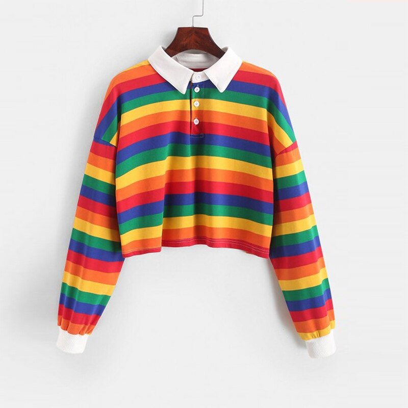 Qrwr polo shirt dame sweatshirt langærmet regnbue farve dame hættetrøjer med knap stribet sweatshirt i koreansk stil kvinder: 02 / S