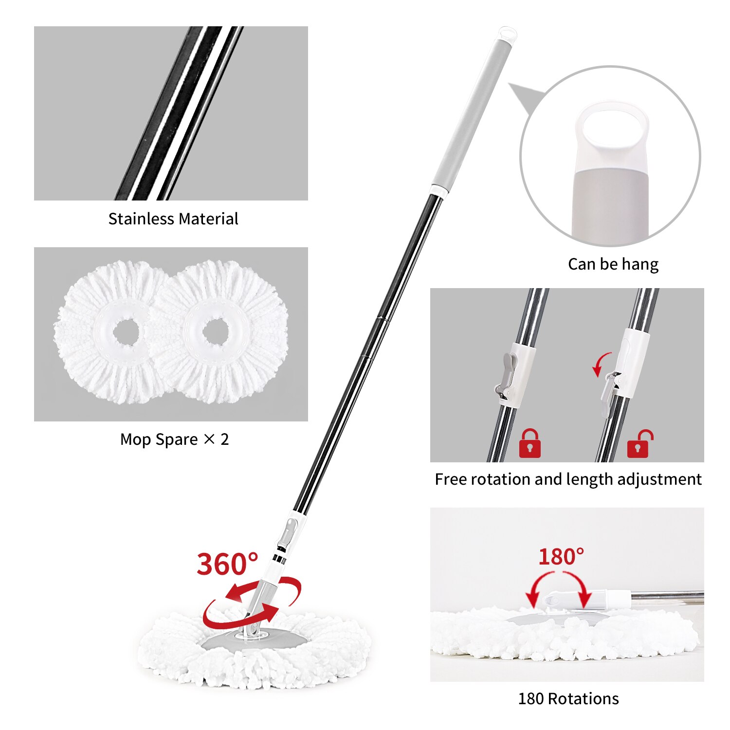 Boomjoy Mop Met Emmer 360 Spin Verstelbare Vloer Mop Met Verlengde Handvat Microfiber 2 Mop Pads Voor Hardhout Floor Cleaning