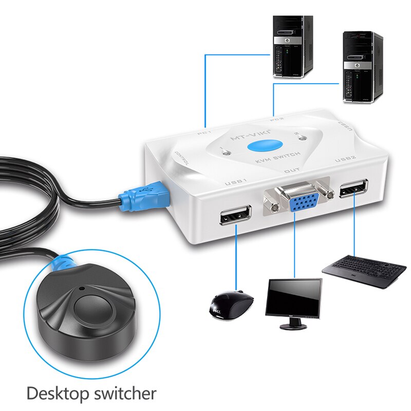 MT-Viki 2 Port KVM Switch VGA USB Hotkey Wired Remote Controller Select Auto Scan with Cable 2048x1536 High Resolution MT-201KL