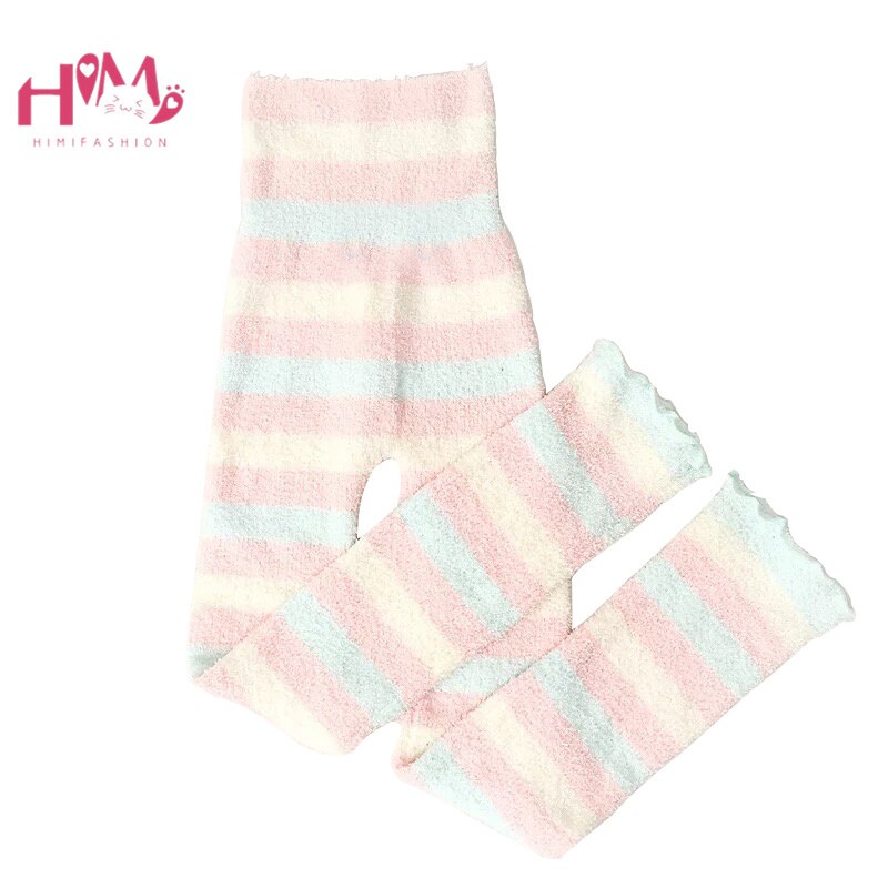 Japansk plys sovetøj bukser kvinder vinter blød varm sød regnbue stribet pink flanne hjemmetøj strikket afslappet lounge pyjamas