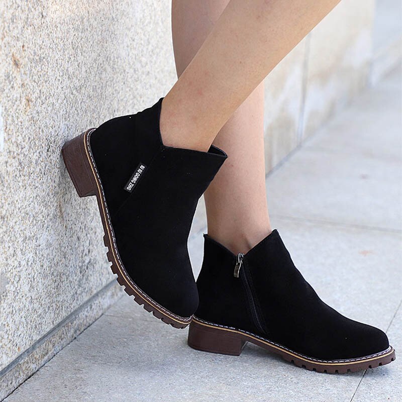 Dame ankelstøvler høst dame semsket skinn firkantede lave hæler plattform klassiske sko dame fritidssko