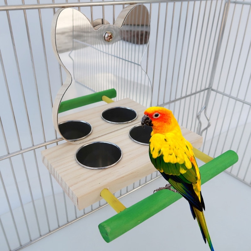 Parrot Mirror Toy with Stainless Steel Feeding Cup... Grandado