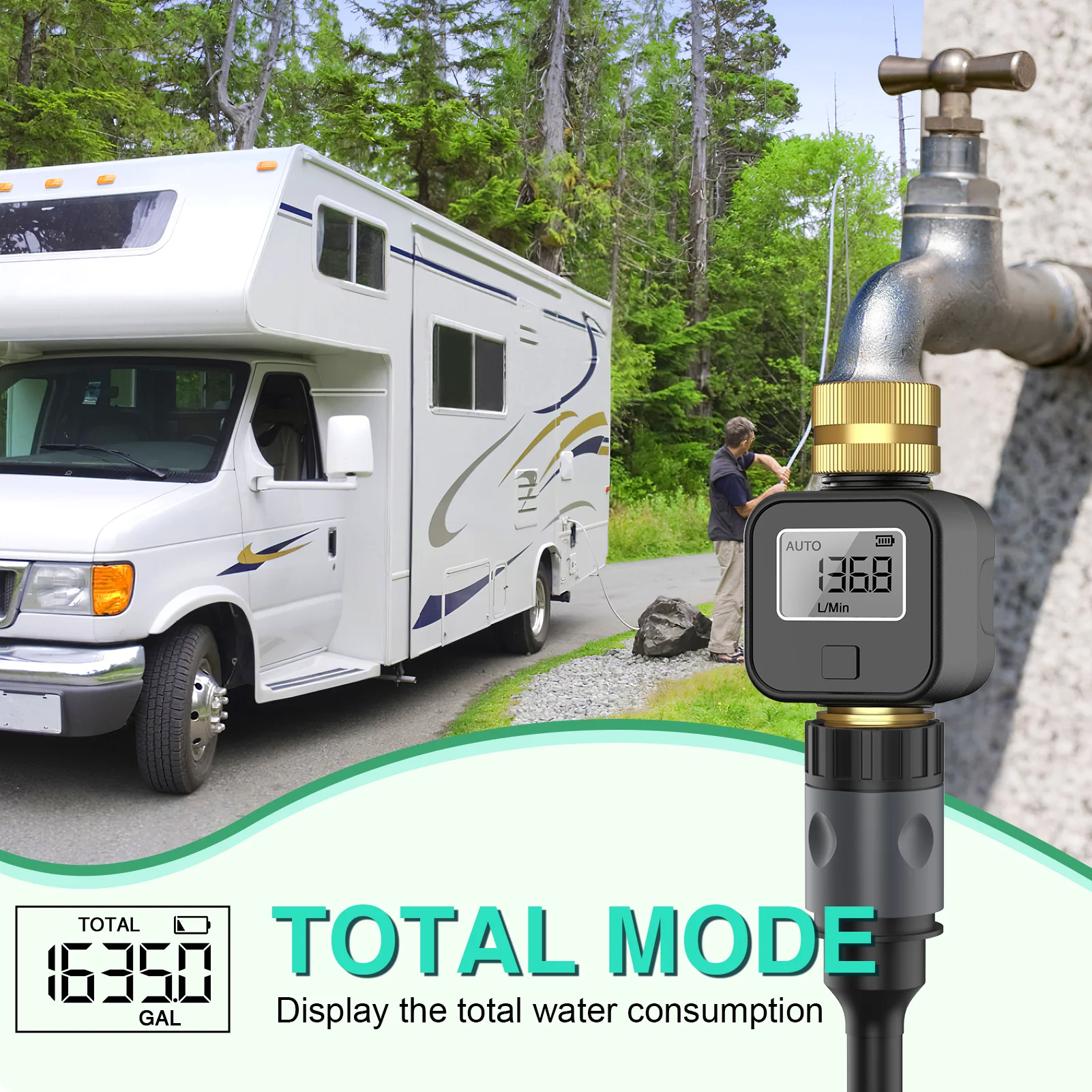 Digital Water Flow Meter High Accuracy IP6X Measure Water Consumption and Flow Rate for Outdoor Garden Watering Irrigation Hose