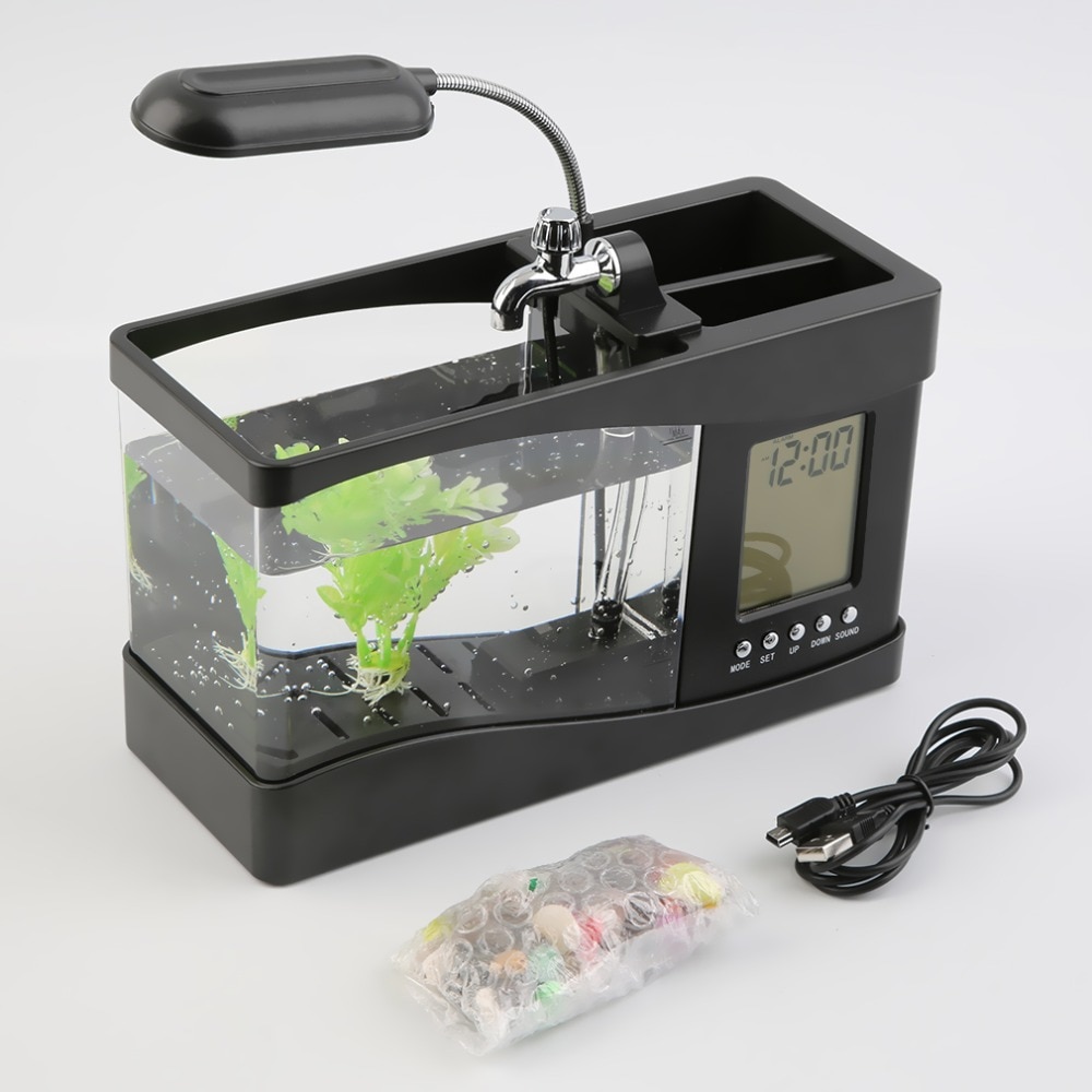 Populaire USB Desktop Mini Aquarium Aquarium LCD Timer Klok LED Lamp Light Black