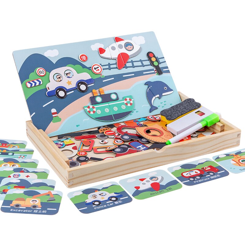 Kids Houten Speelgoed Cartoon Verkeer Magnetische Puzzel Tekening Speelgoed Board Puzzel Baby Vroege Educatief Speelgoed Voor Kinderen