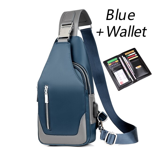 Men's Messenger bag shoulder Oxford cloth Chest Bags Crossbody Casual messenger bags Man USB charging Multifunction Handbag: Blue suit