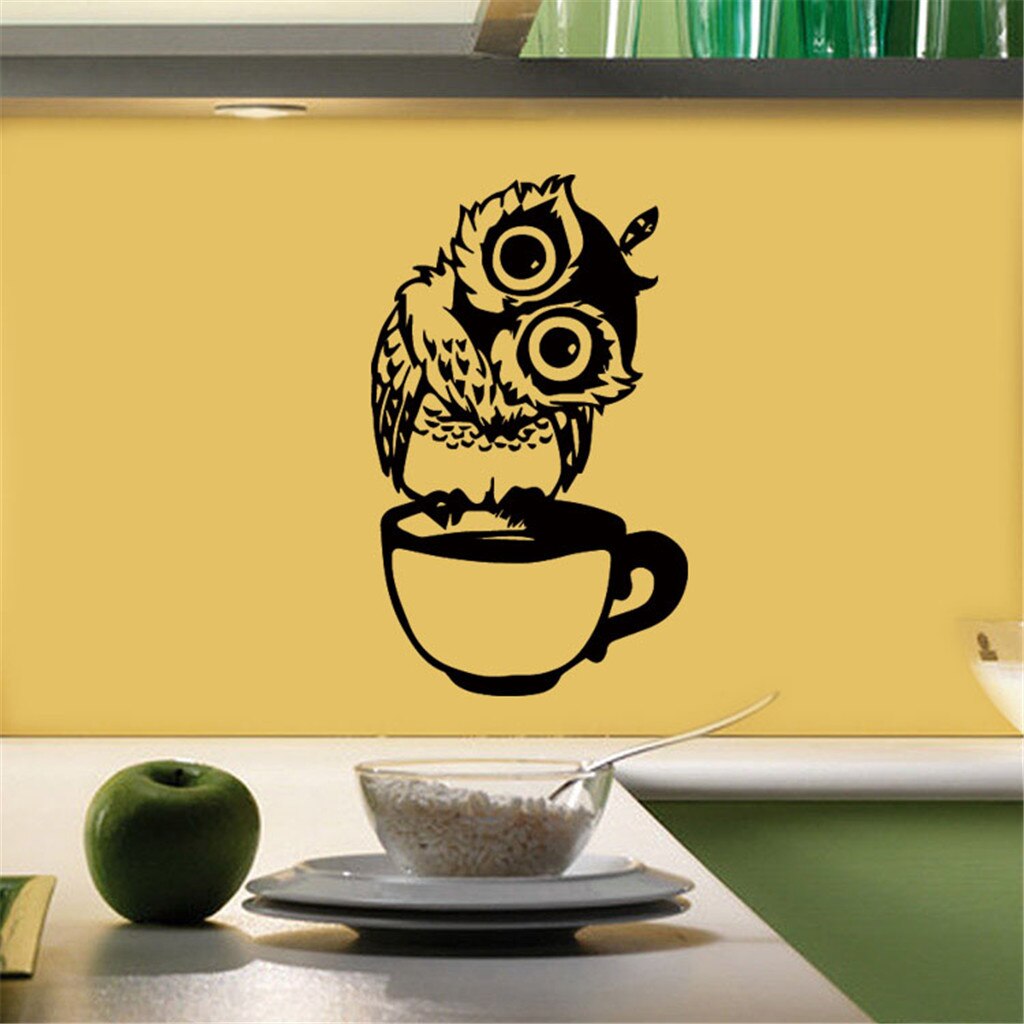 Leuke Uilen Op Het Kopje Thee Koffie Muurstickers Dieren Stickers Muur Sticker Voor Kinderen Kamer Muur Stickers Voor baby Room Decor