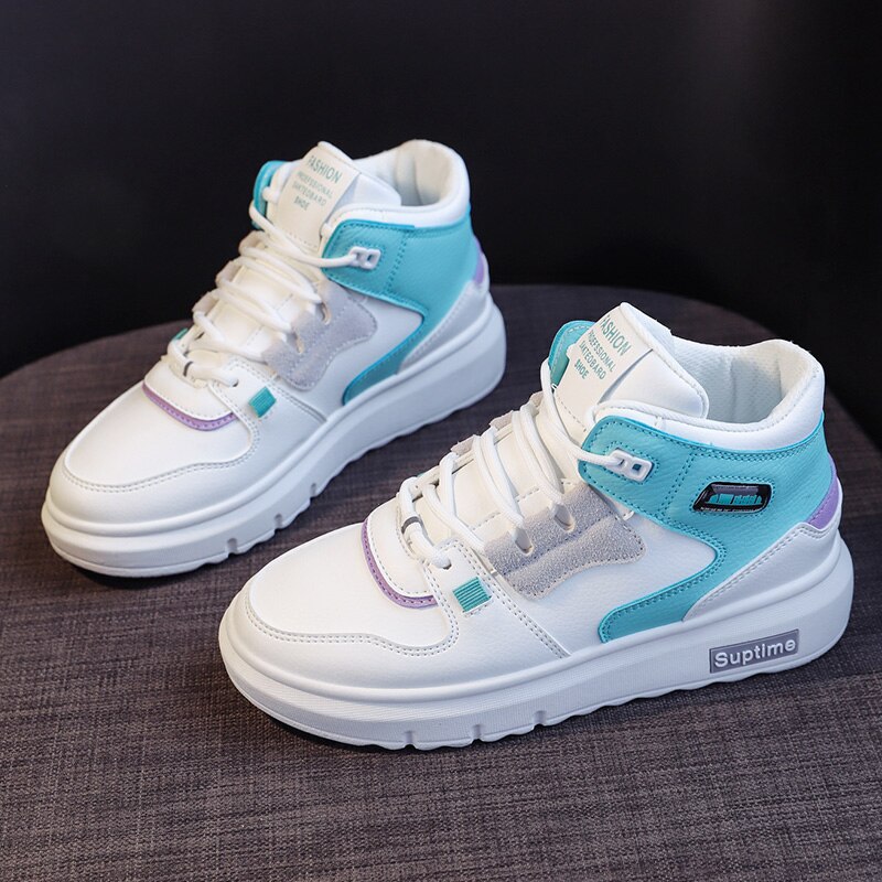 Women Platform Sneakers Korean PU Leather Trainers Womens Chunky Sneakers Tenis Female Spring Lace Up Casual Shoes
