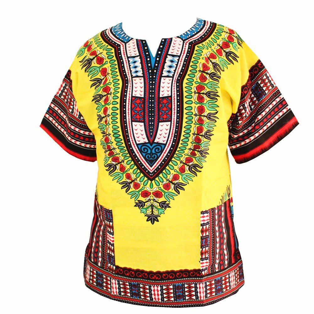 100% Katoen Afrikaanse Traditionele Print Korte Mouw Dashiki Kleding voor Mannen: Geel
