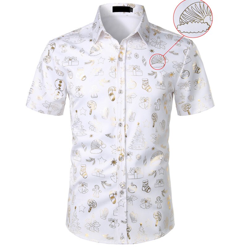 Zwarte heren kerstoverhemd casual slim fit kerstprint heren overhemden korte mouwen overhemd met knoopjes chemise heren top blouses: Wit / Amerikaanse maat xl