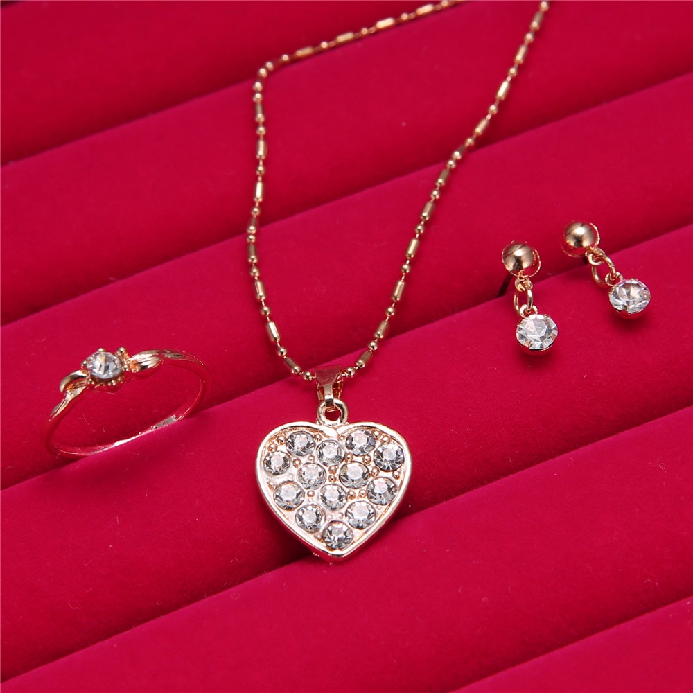 Heart Pendant Necklaces Rhinestone Earring Rings Jewelry Set For Women Wedding Party Girl bride Engagement Jewelry