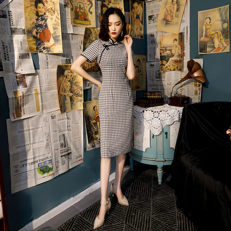 Qipao chino a cuadros blanco y negro, vestido de algodón hasta la rodilla, Cheongsam, disfraz de estilo universitario chino, vestidos de mujer Vintage Qipao