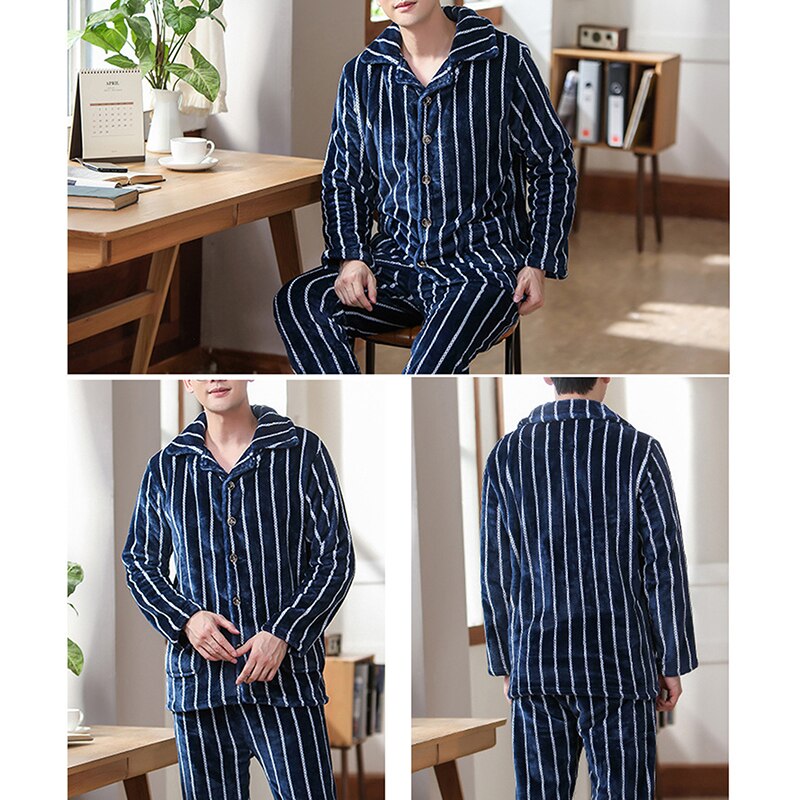 Conjunto de pijama de franela azul grueso y cálido para hombre, ropa de dormir de manga larga de terciopelo Coral, ropa de dormir, ropa de casa,: Navy Blue 1 / L