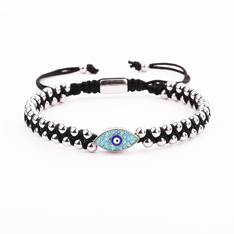 Women Men Bracelet Stainless Steel Beads Blue CZ Eye Charm Braided Macrame Beaded Friendship Bracelet Lucky: White