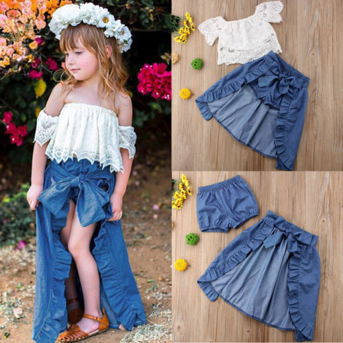 Summer Princess Girl Kid Lace Off-shoulder T-shirt Top Blue Jeans Shorts Bowknot Skirts Party Children 2Pcs Outfits