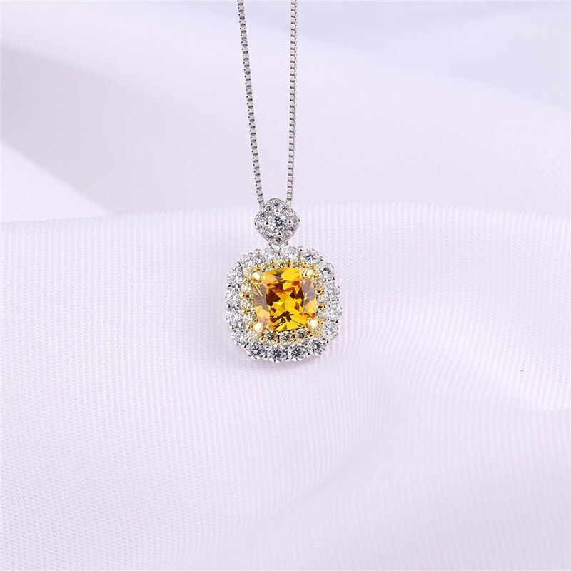 CC Necklaces Pendants For Women 925 Silver Cubic Zirconia Pink/Yellow Square Stone Bridal Wedding Pendant No Chain CCN250