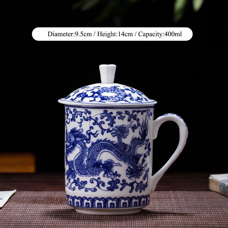 400ml jingdezhen keramiske tekopper med låg blå og hvid porcelæn drage mønster vand kop kinesisk kung fu te sæt mester krus: -en