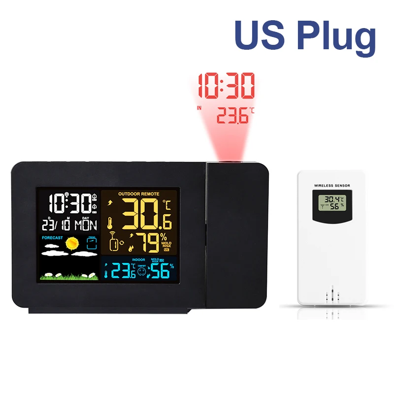 Elektronische Projektionsuhr, Wetterstation, Wettervorhersage, Temperatur und Luftfeuchtigkeit, Farbbildschirm, digitaler Wecker: Silber