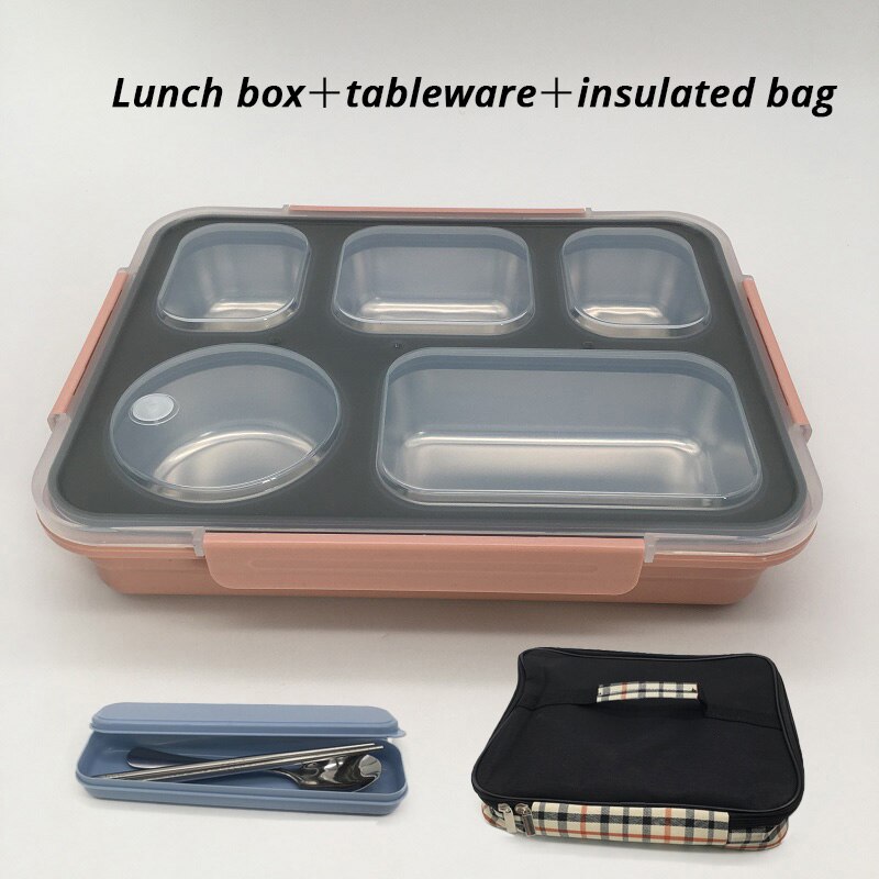 Rvs Lunchbox Voor Kid Verwarmd Lunchbox Keuken Accessoires Bento Box Maaltijd Prep Voedsel Container Opslag: Pink 5 grip Package