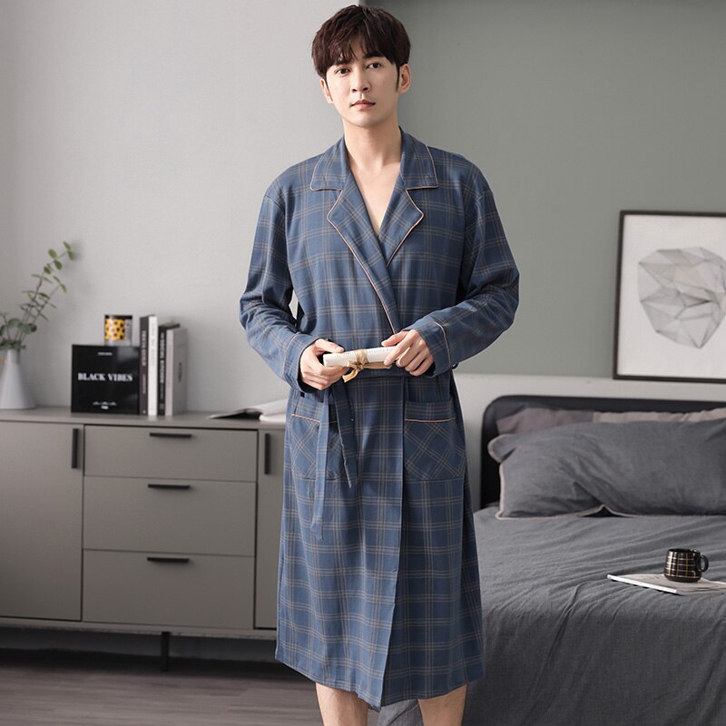M-4XL 100% Cotton Bathrobe Men Spring Autumn Sleep Top Kimono Robes For Male Plaid Robes Long Bath Robe Bride Robe DressingGown