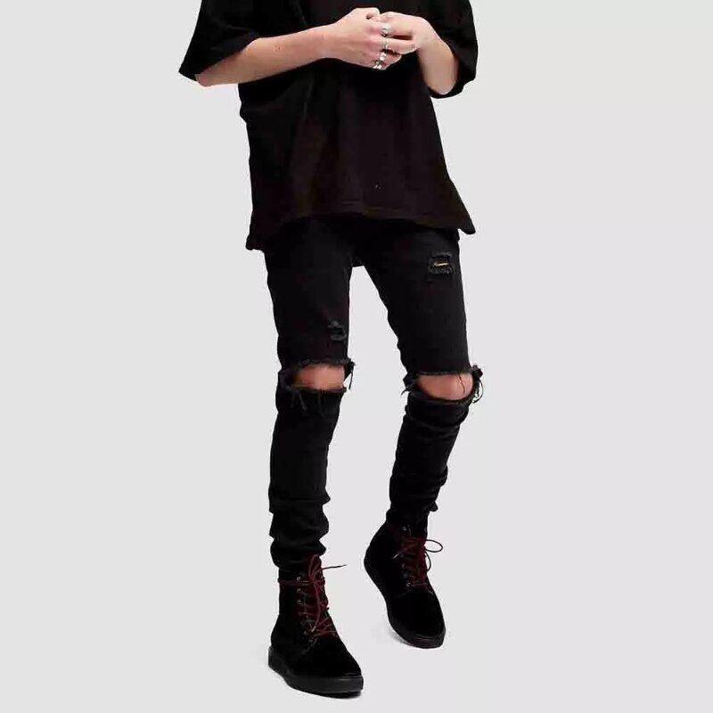 Spring Autumn Black Jeans Men Knee Ripped Hole Trendy Street Slim Stretch Skinny Male Denim Trousers Streetwear: 40