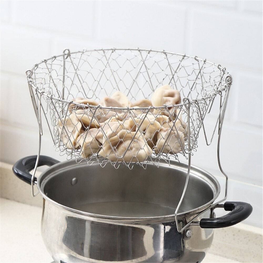 304 Stainless Steel Telescopic Frying Basket Foldable Potato Basket Colander Multi-function Kitchen Tool Frying Drainer